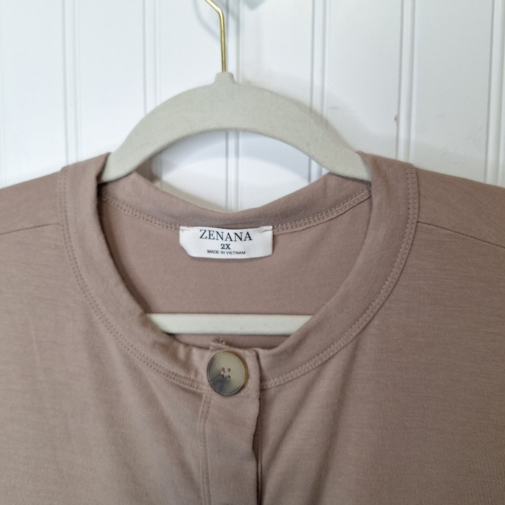 Zenana Womens Shirred Waist Button Up Cardigan Sz 2X Tan Side Pockets Long Slvs - Picture 3 of 10